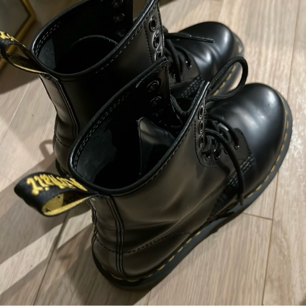 Dr. Martens Black Leather Lace-Up Combat Boots with Yellow Stitching